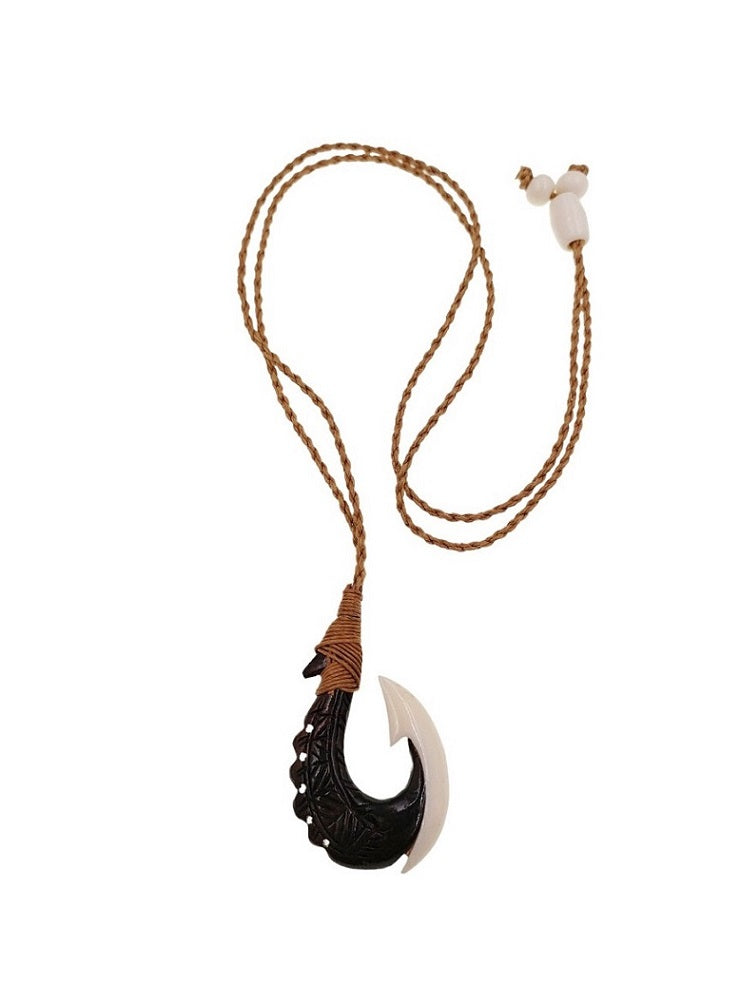 Sono Wood & Bone Fish Hook Pendant Necklace