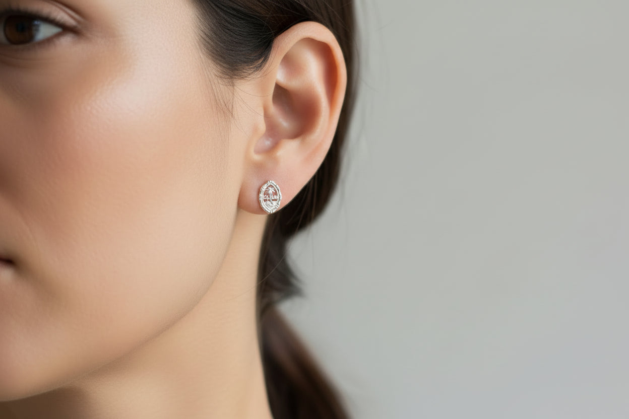 Small Bamboo Seal Studs, Sterling Silver Rhodium