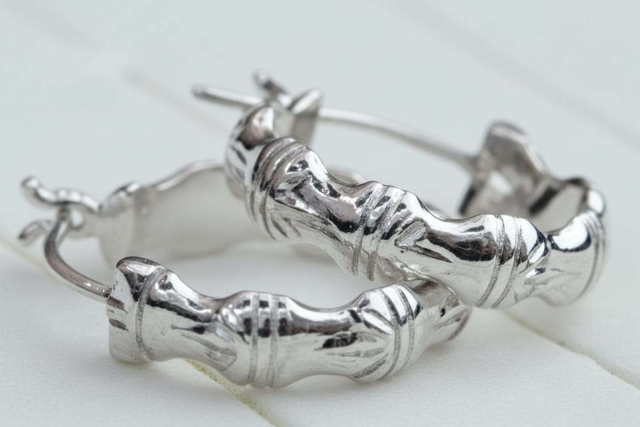 Bamboo Hoops, Sterling Silver Rhodium Medium Size