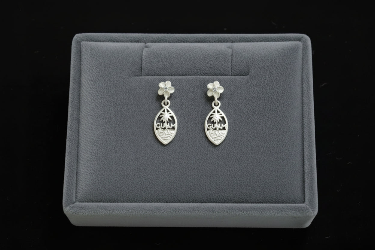 Dangling Guam Seal Earrings w/ Plumeria Post, Silver Rhodium-Plated