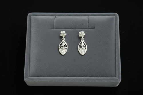 Dangling Guam Seal Earrings w/ Plumeria Post, Silver Rhodium-Plated
