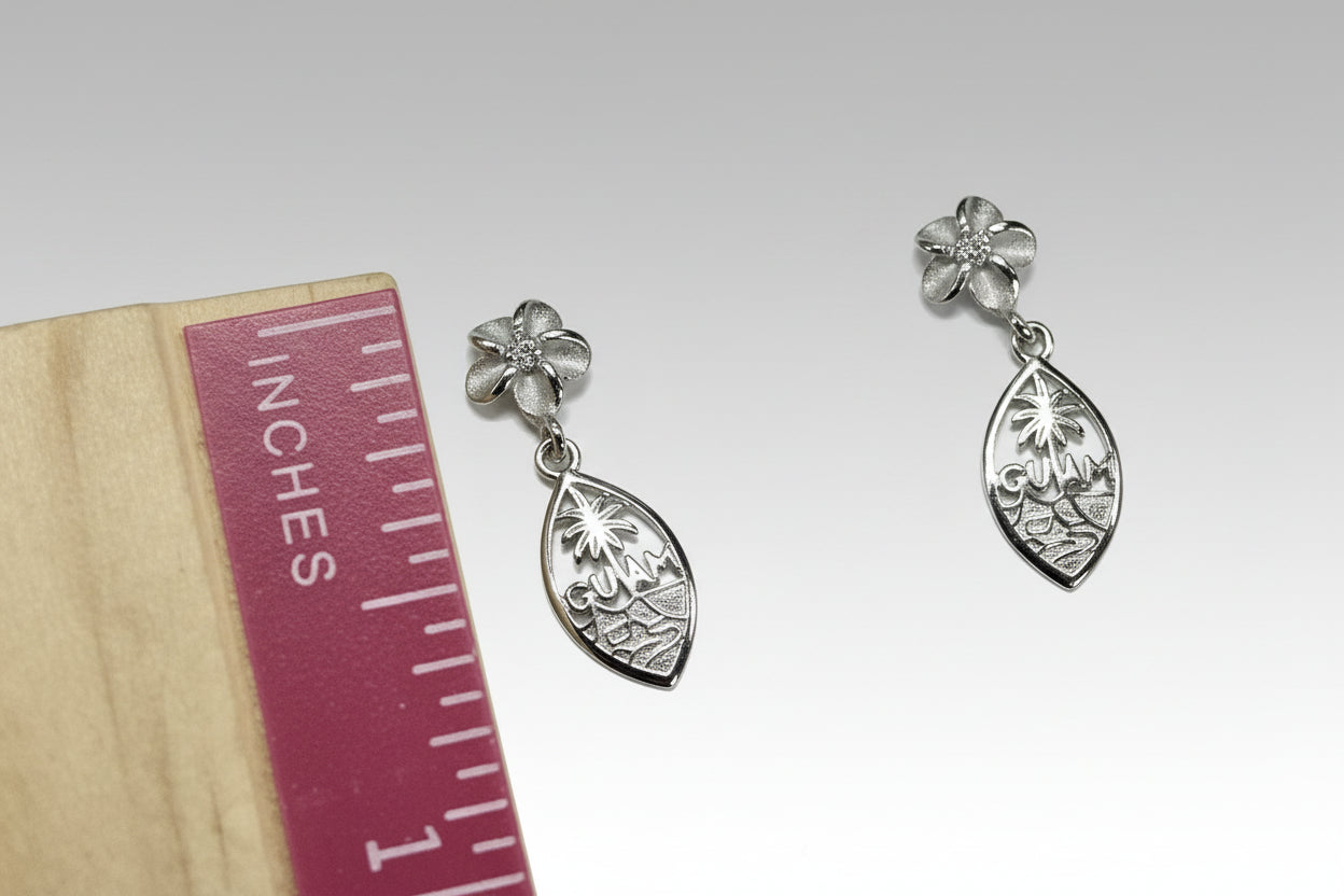 Dangling Guam Seal Earrings w/ Plumeria Post, Silver Rhodium-Plated