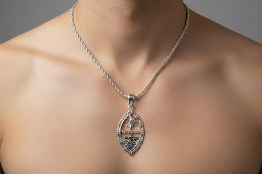 XLarge Bamboo Guam Seal Pendant, Silver Rhodium