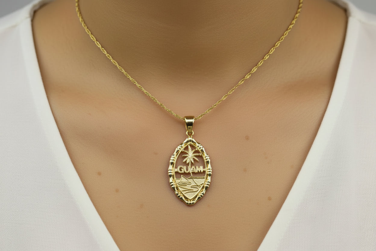 Bamboo Guam Seal Pendant, Sterling Silver Large Gold Plated