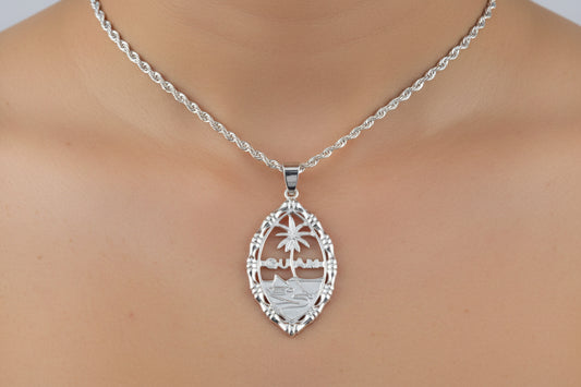 Large Bamboo Guam Seal Pendant Sterling Silver Rhodium Plated