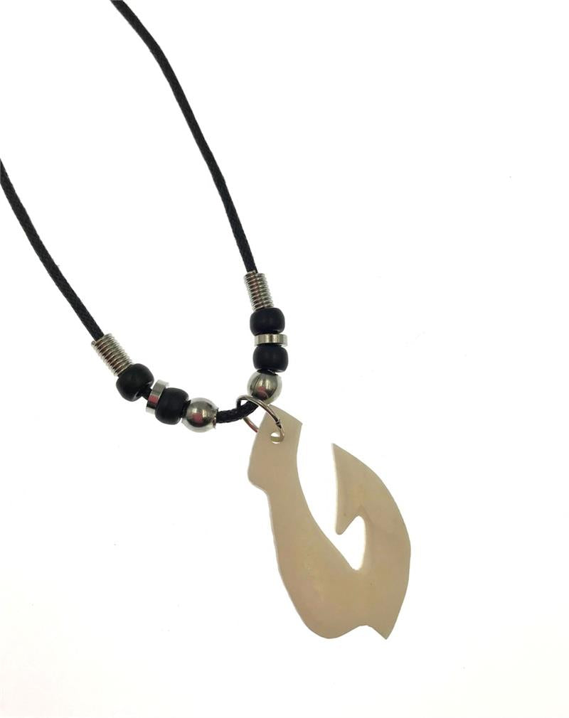 Bone Wood Fish Hook Pendant w/ Leather Necklace